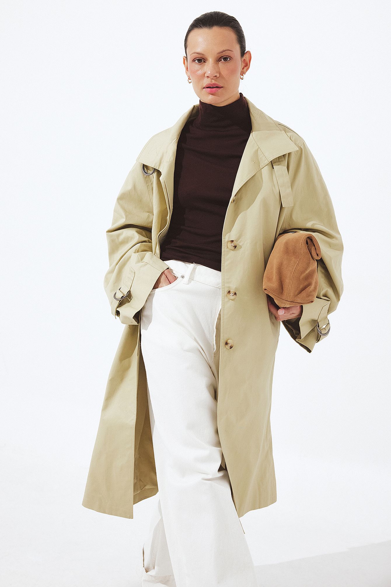 Beige Oversized lång trenchcoat med hög hals
