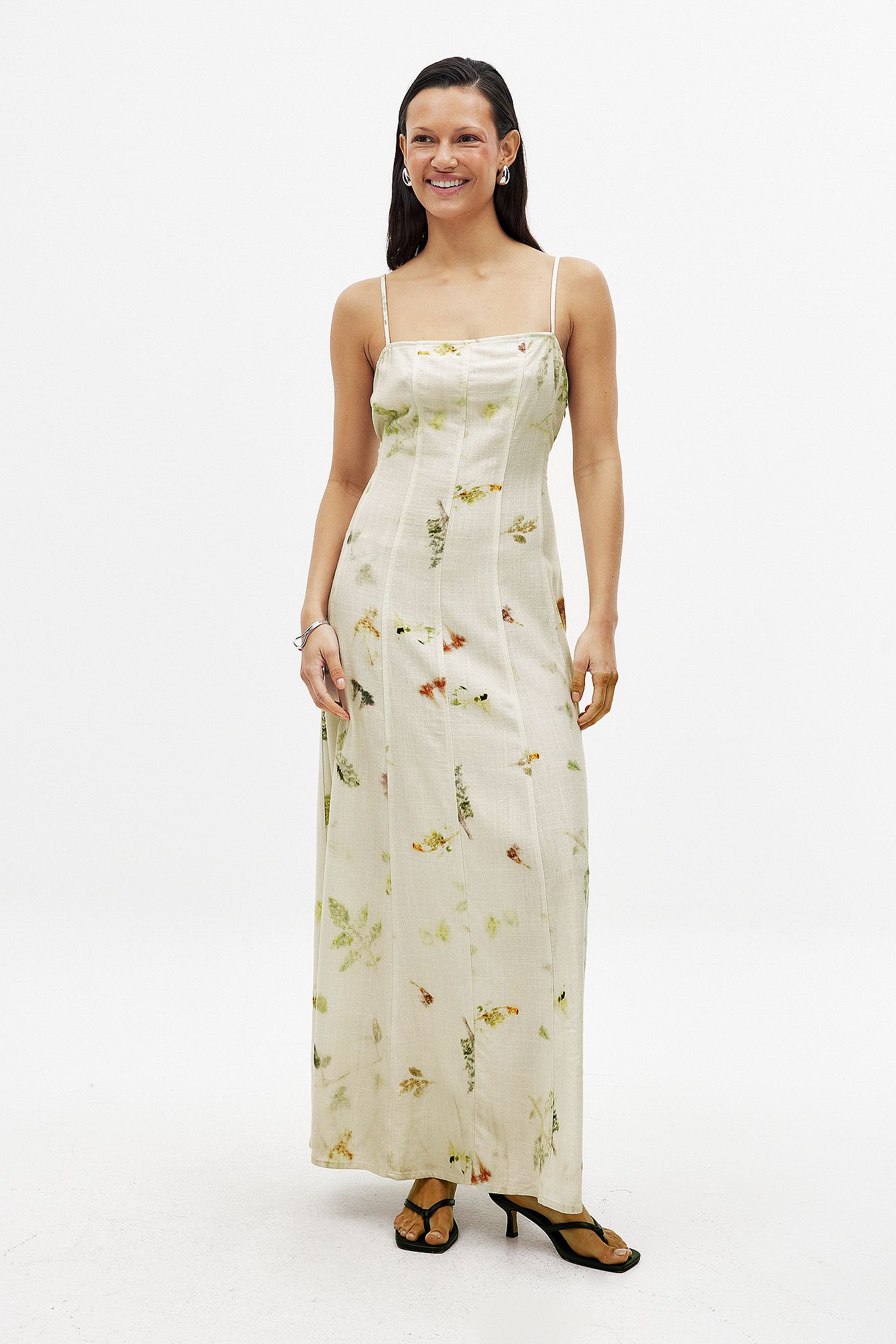 Floral Print Robe longue à coutures apparentes en mélange de lin
