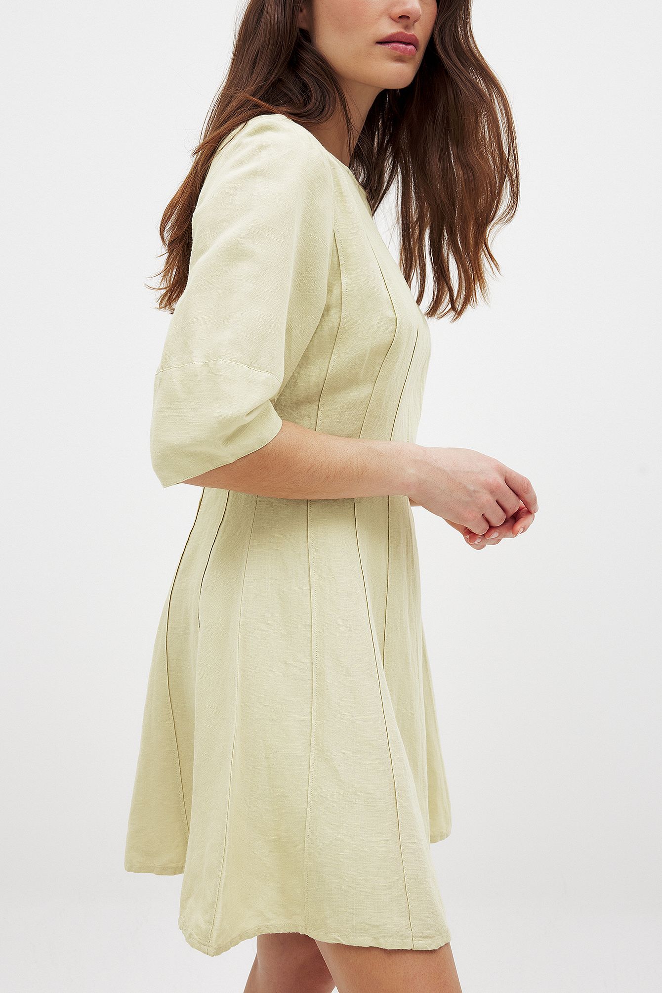 Pear Green Robe courte en lin mélangé à coutures apparentes