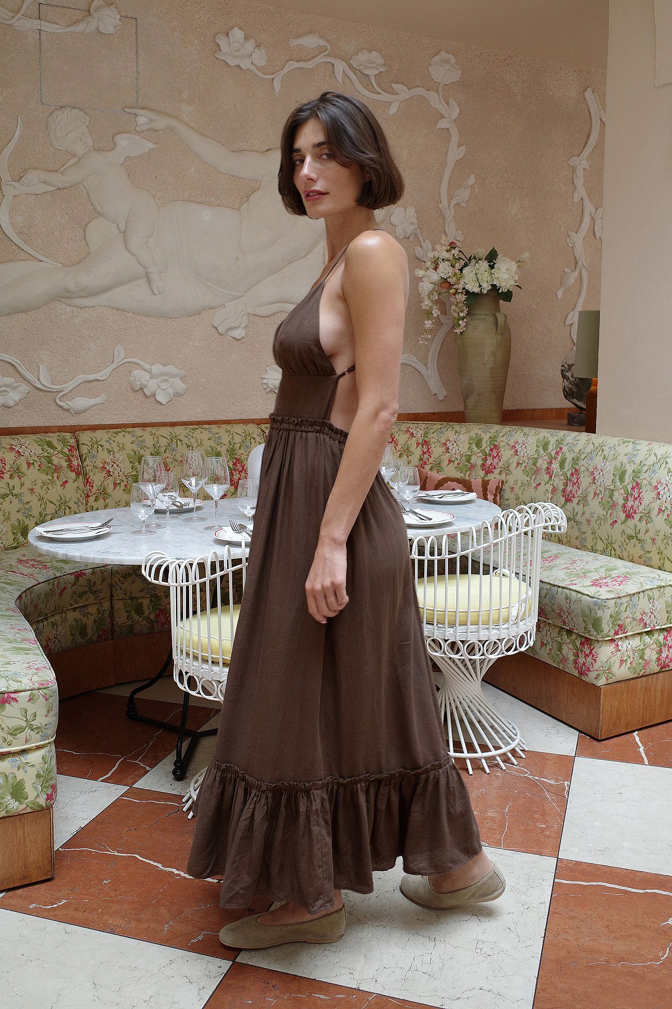 Brown Robe mi-longue en lin mélangé à bretelles