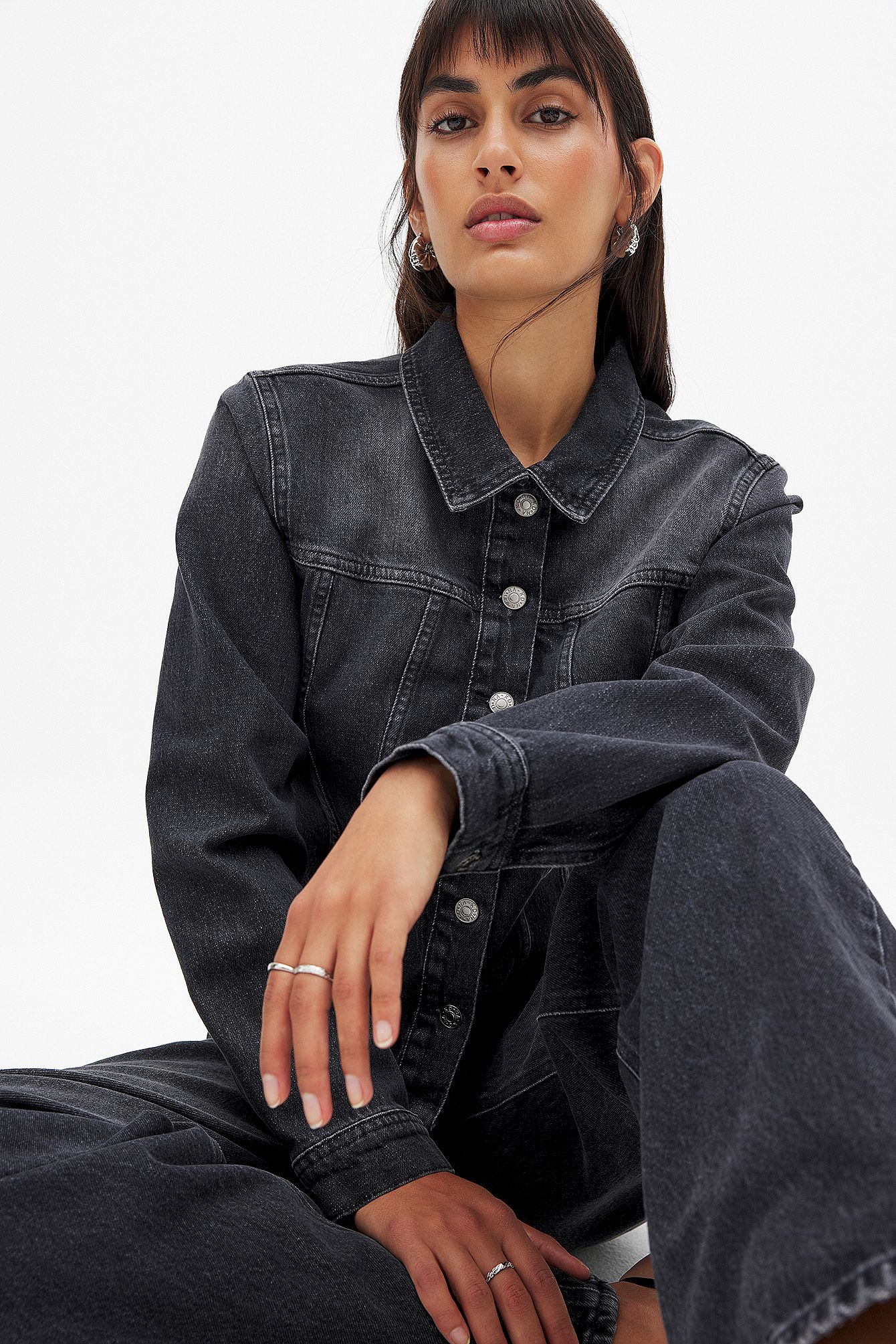 Dark Grey Långärmad figursydd skjorta i denim