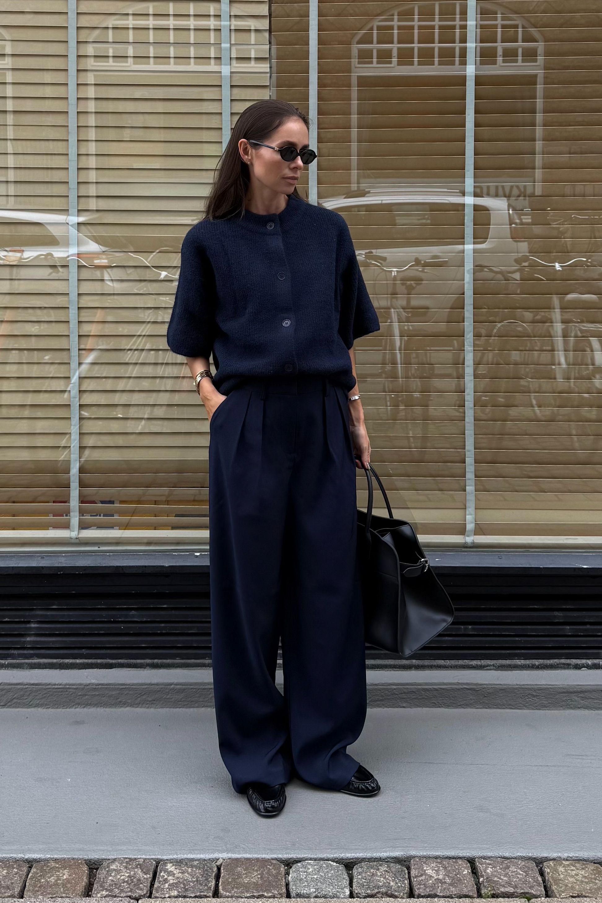 Navy Pantalon de tailleur large à taille haute