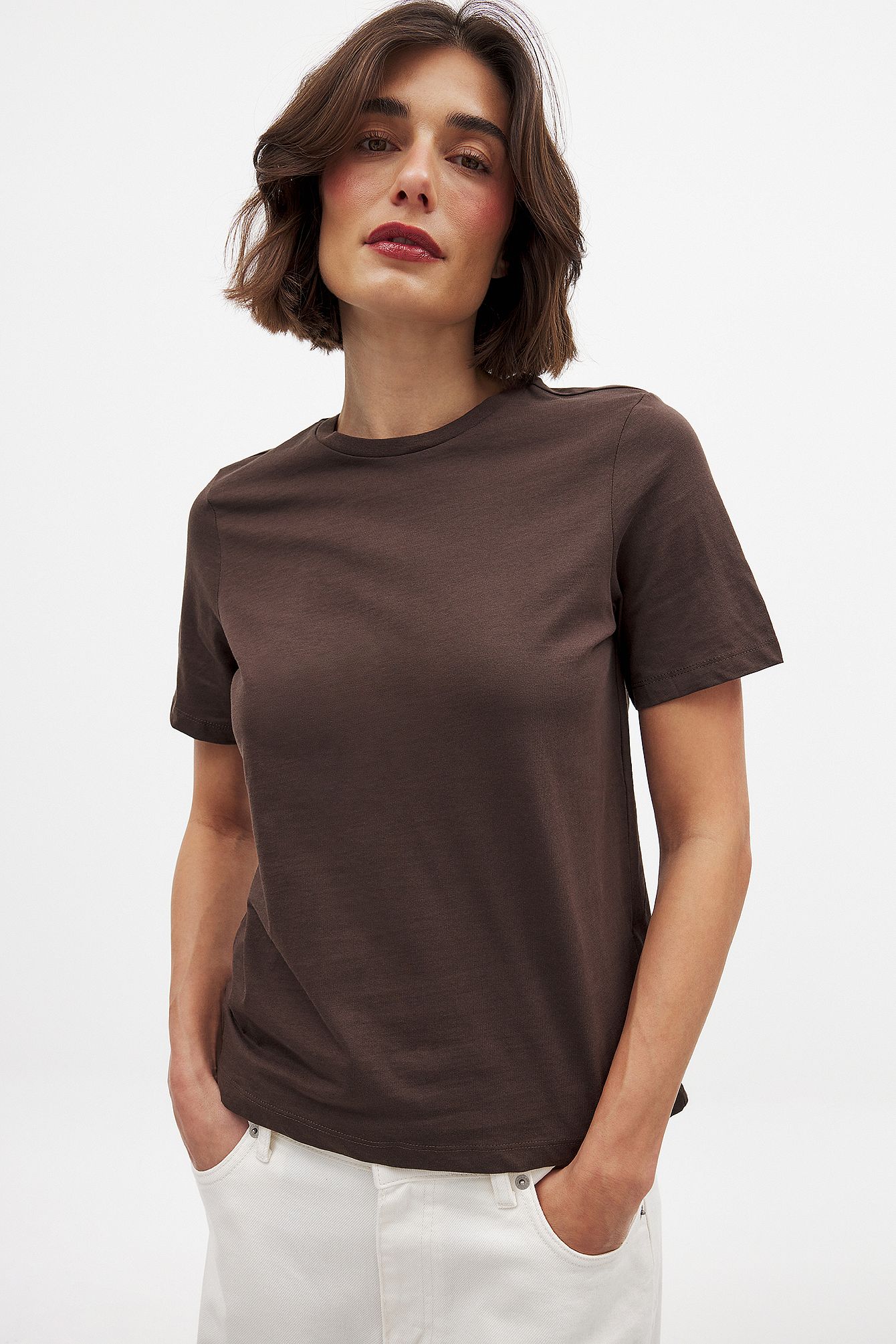 Dark Brown T-shirt i bomuld med rund hals