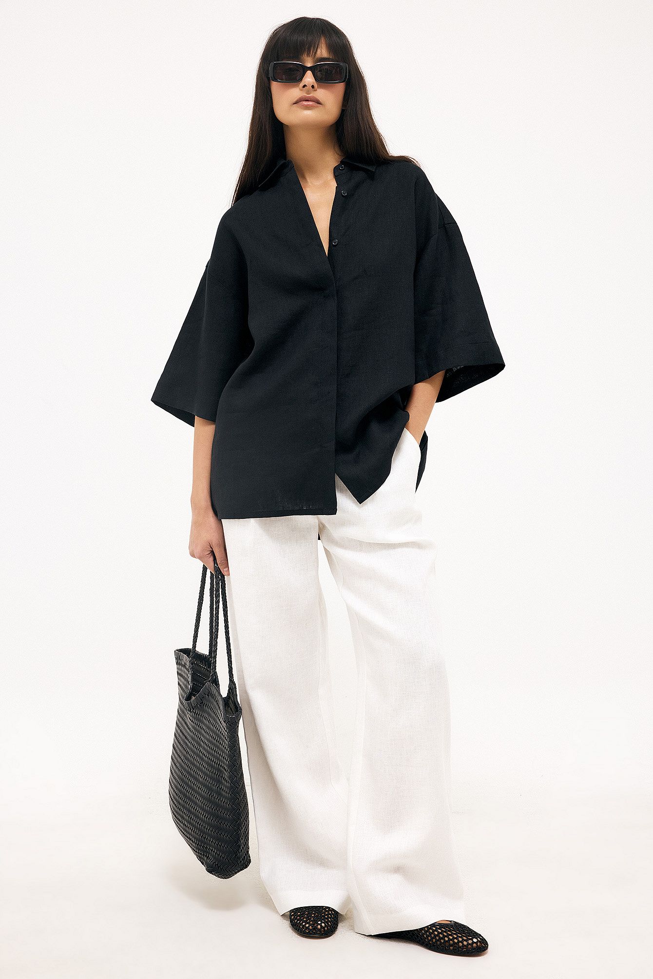 White Pantalon large ajusté en lin