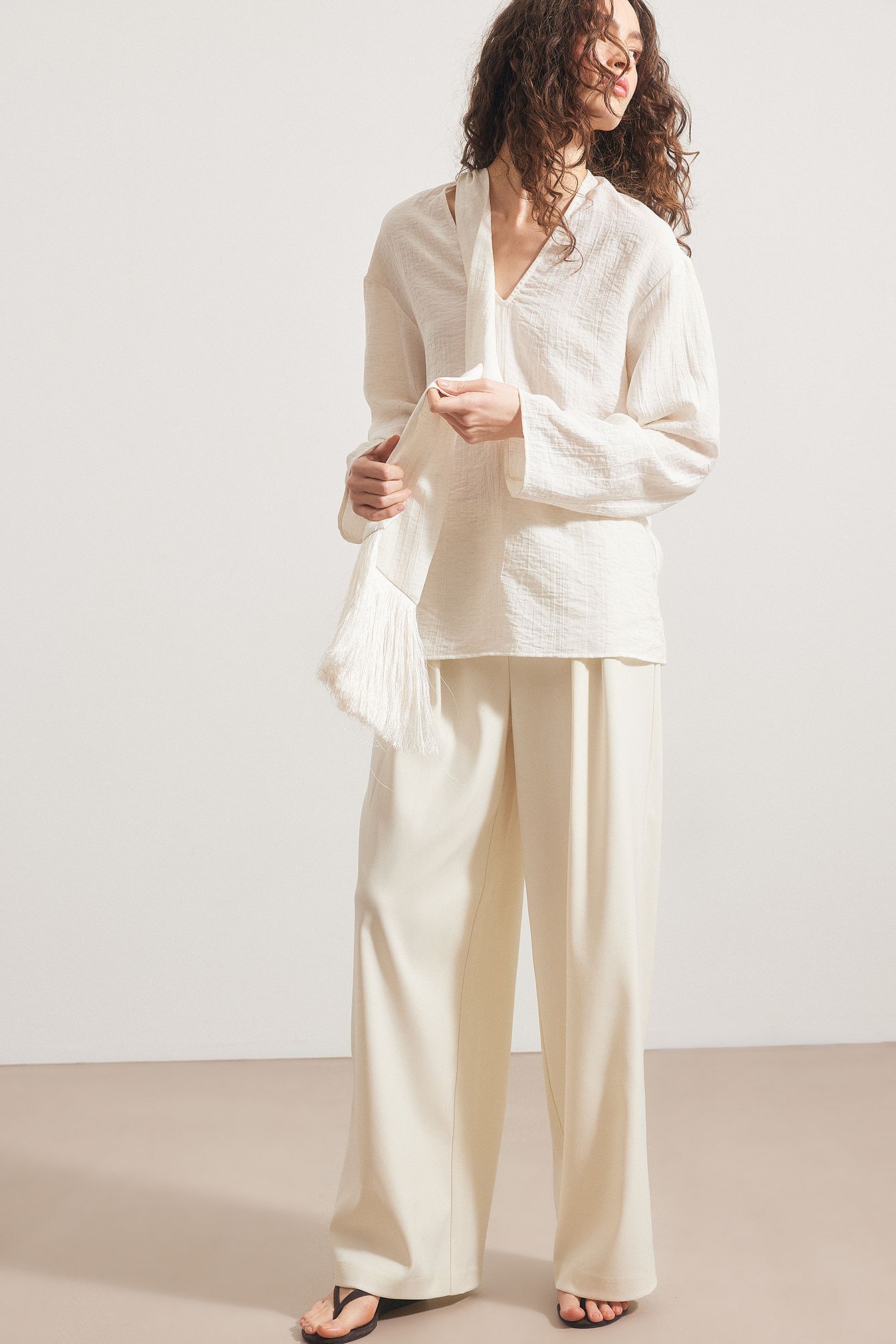 White Pantalon de tailleur large à taille haute