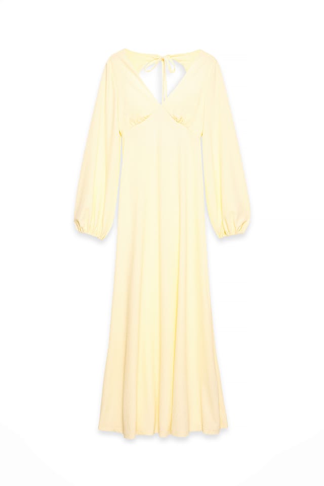 Light Yellow Balloon Sleeve Open Back Maxi Dress