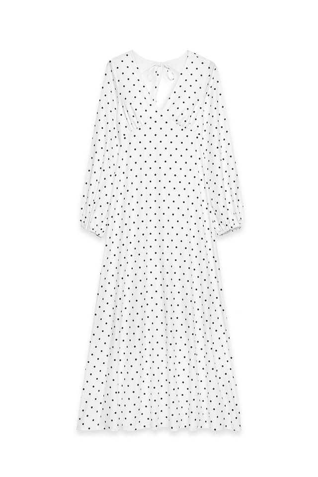 Black/White dots Balloon Sleeve Open Back Maxi Dress