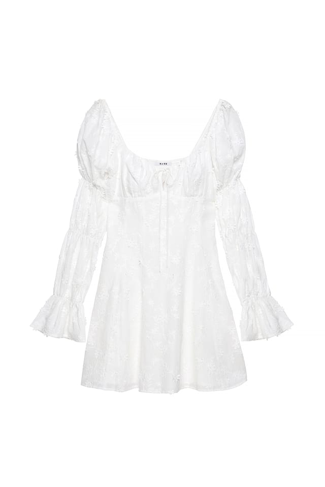 White Embroidered Ruched Sleeve Mini Dress