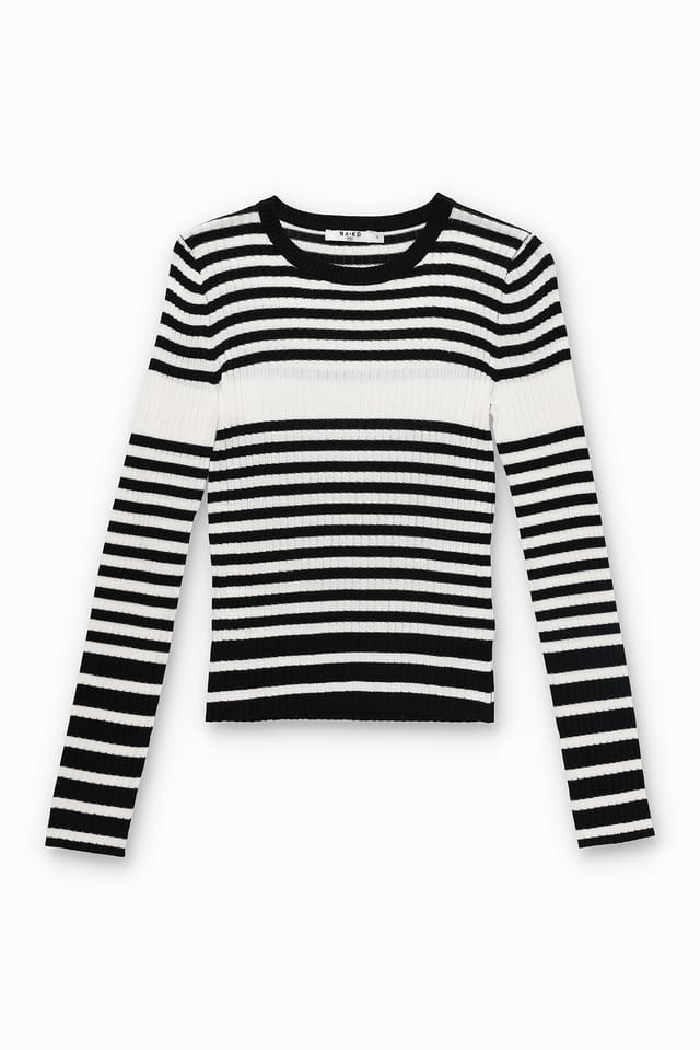 Black/White Fein gestrickter, gestreifter Pullover
