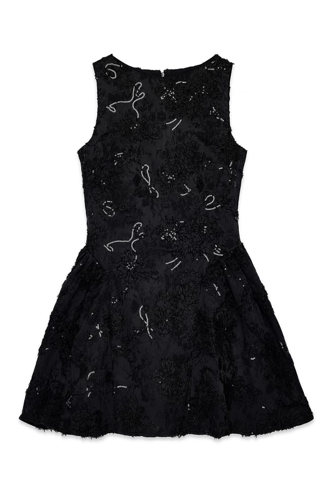 Black Jacquard-Minikleid mit Pailletten, Rüschen und Taillenraffung