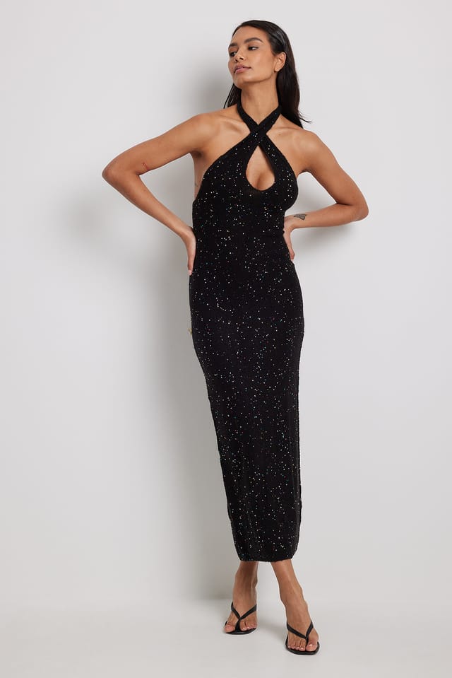 Black Knitted Halterneck Sequin Midi Dress