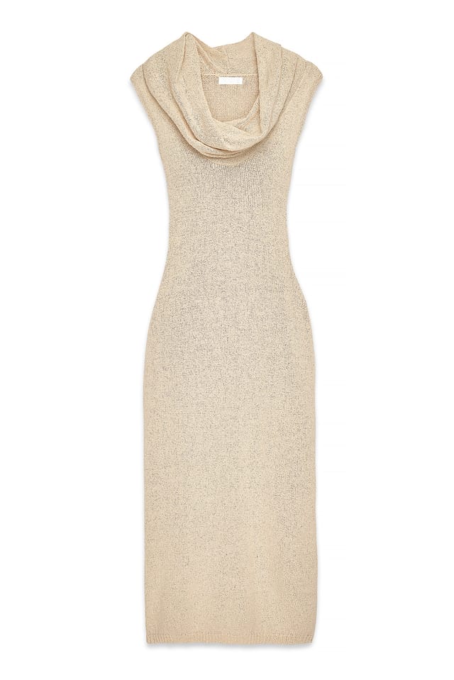 Beige Strick-Maxikleid mit Wasserfallausschnitt