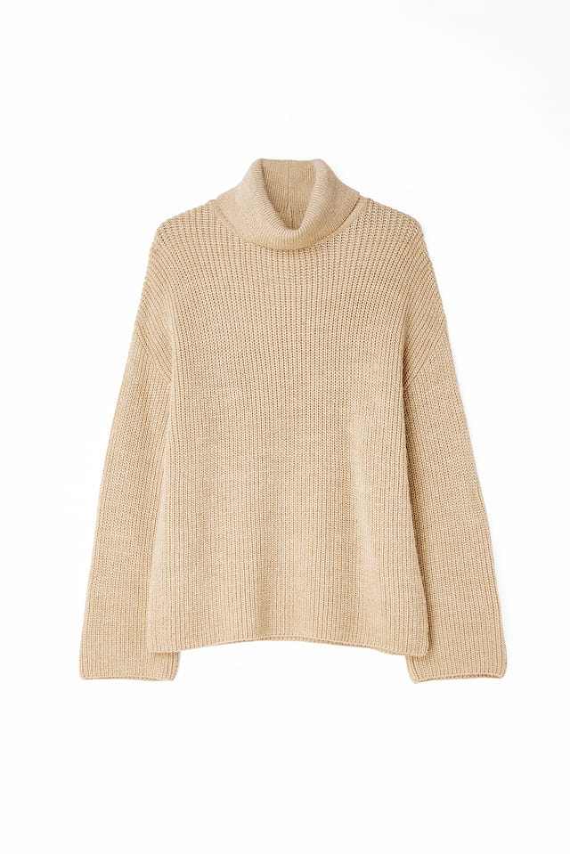 Beige Langer Rollkragen-Strickpullover