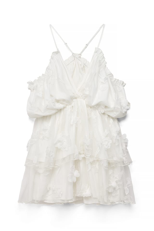White schulterfreies Minikleid mit Blumenmuster