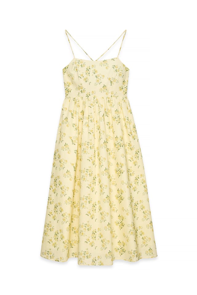 Yellow Flower Midikleid mit Rückenausschnitt und Schnürdetail