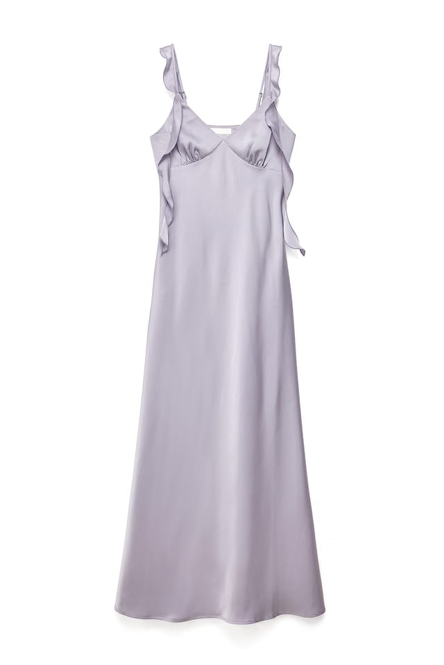 Lilac Satin Ruffle Shoulder Maxi Dress