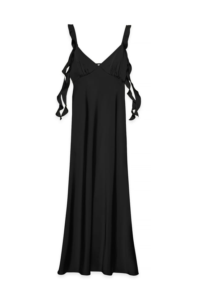 Black Maxikleid aus Satin mit gerafften Schultern