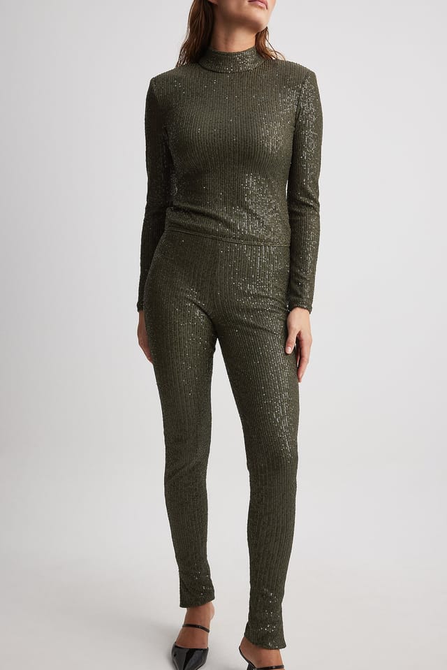 Olive Green Leggings med slits och paljetter