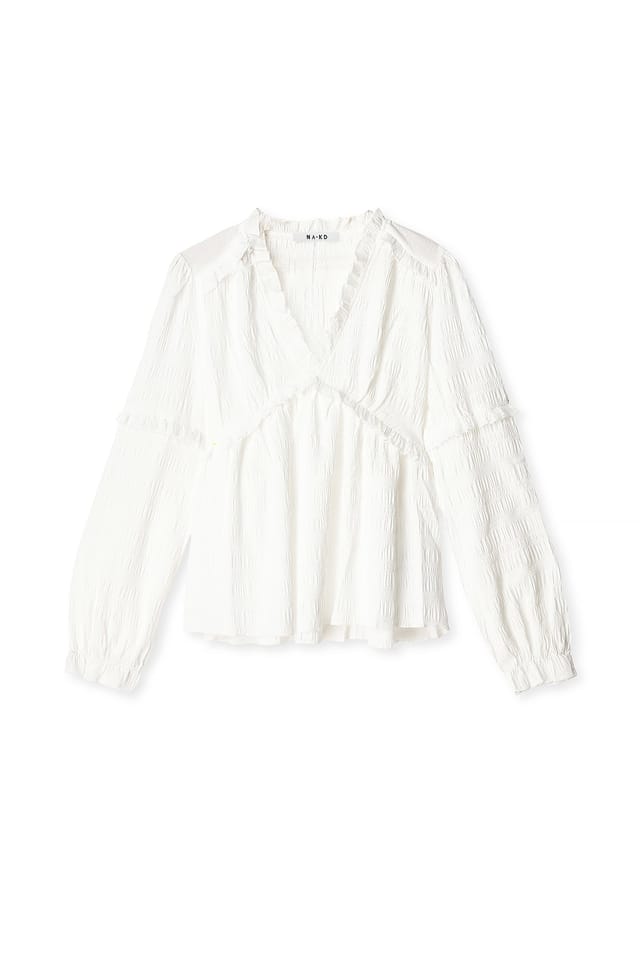 White Structured Long Sleeve Frill Blouse