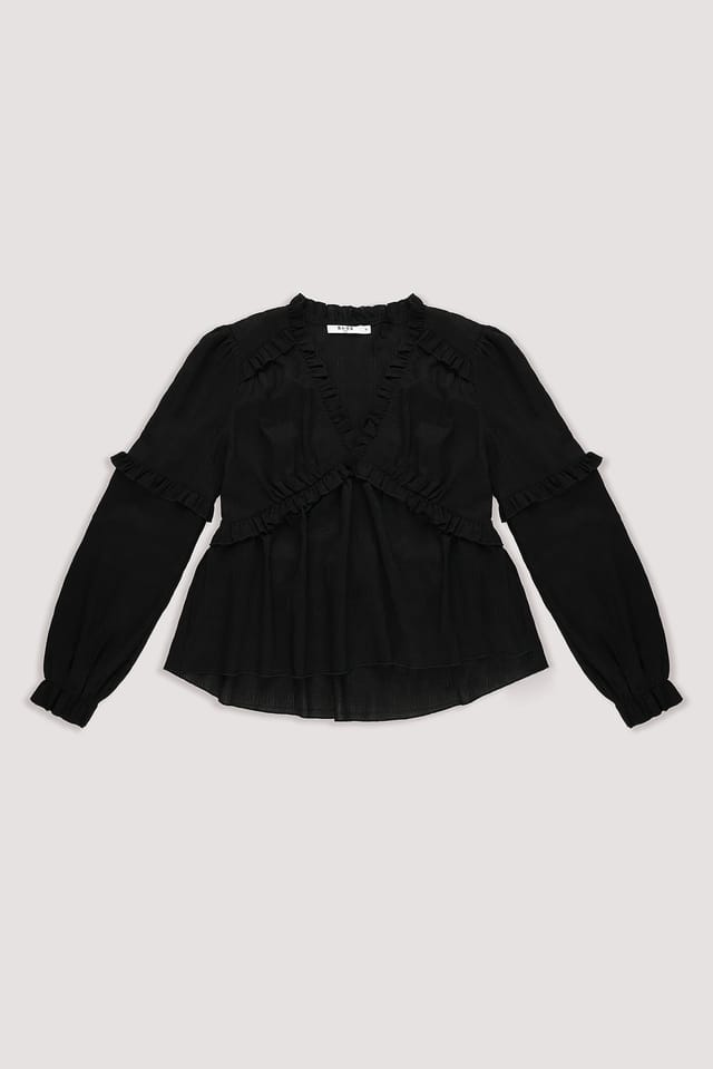 Black Structured Long Sleeve Frill Blouse