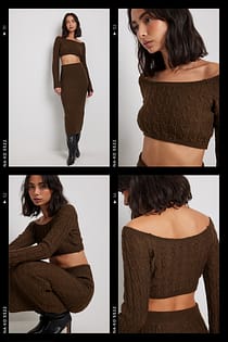 Off shoulder kort genser med strikkdetalj