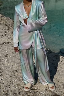 Printed High Waist Flowy Satin Suit Pants