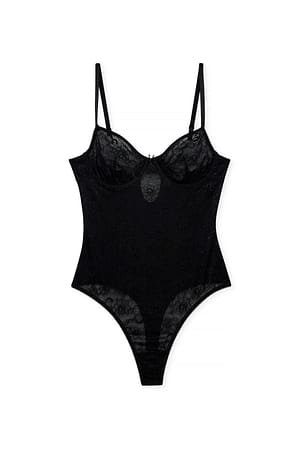 Black Bodystocking med blonder og dyp hals