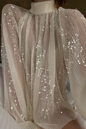 Offwhite Plissiertes Mesh-Pailletten-Top