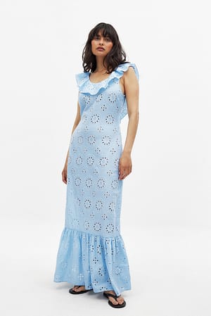 Light Blue Anglaise Flounce Hem Maxi Dress