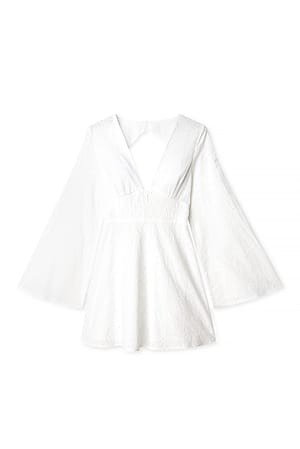 White Anglaise Trumpet Sleeve Mini Dress