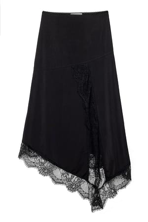 Black Asymmetrisk midiskjørt med blonder