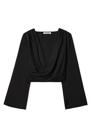 Black Asymmetrisches, überlappendes Satin-Oberteil mit langen Ärmeln