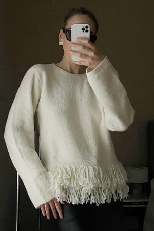 Offwhite Knitted Fringe Sweater