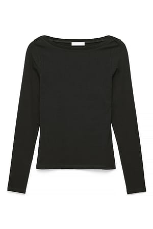 Black Boat Neck Long Sleeve Top