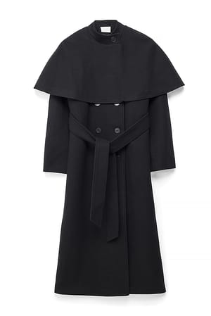 Black Cape Detail Wool Blend Coat