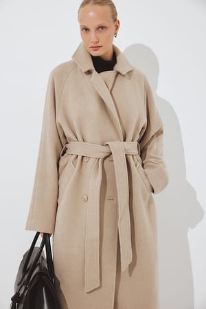 Taupe Oversized Wool Blend Belted Coat