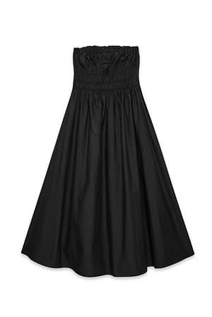 Black Cotton Bandeau Ruched Midi Dress