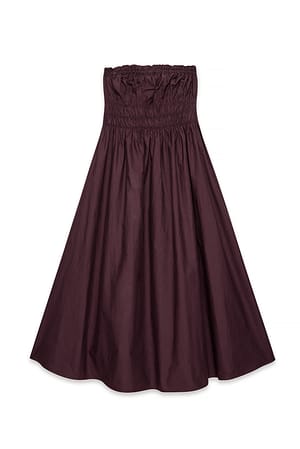 Brown Cotton Bandeau Ruched Midi Dress