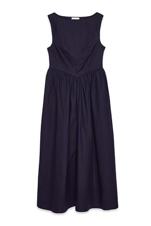 Navy Cotton Boat Neck Midi Dress