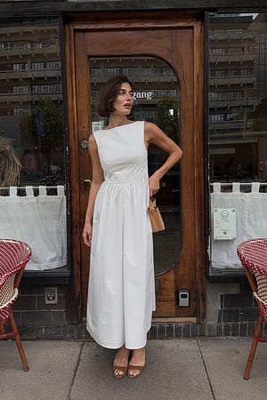 White Cotton Boat Neck Midi Dress