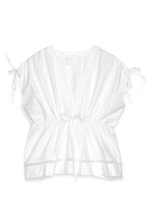 White Cotton Elastic Waist V  Neck Top