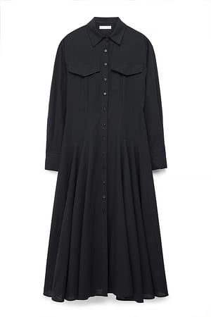 Washed Black Cotton Fitted Shirt Dress