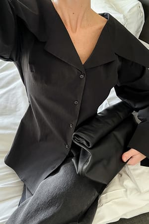 Black Cotton Lapel Collar Blouse