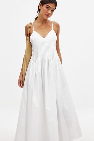White Cotton Pintuck Midi Dress