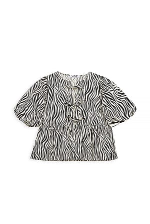 Zebra Blusa de algodón con mangas abullonadas y cierre atado