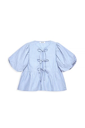Blue Stripe Blouse en coton à manches bouffantes et nœud sur le devant