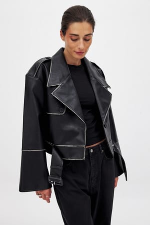 Black Gewaschene Cropped PU-Bikerjacke