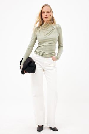 Khaki drapiertes Jersey-Oberteil mit langen Ärmeln