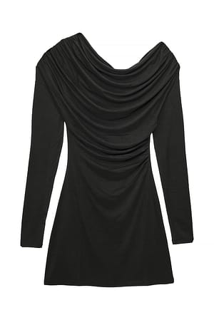 Black Draped Long Sleeve Mini Dress