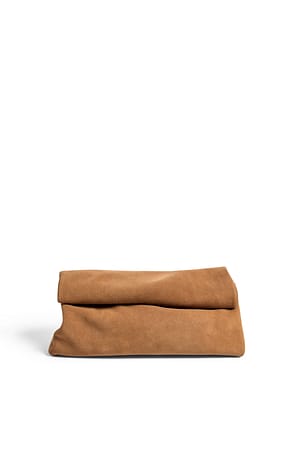 Tan Suede clutch bag with folding detail